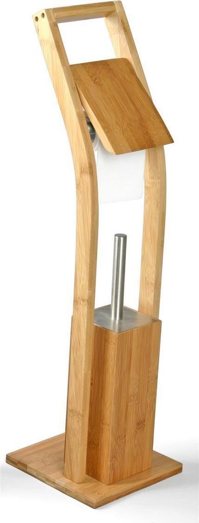 MSV WC Garnitur aus Bambus Toilettenpapierhalter aus Holz mit separatem Kunststoffbehälter Standgarnitur mit Toilettenbürste und Klorollenhalter