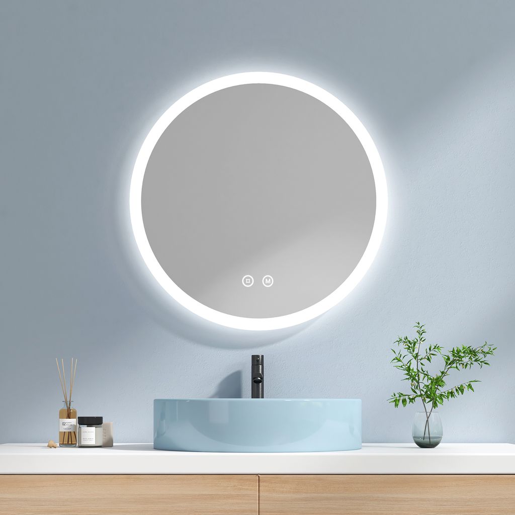 EMKE Rund Badspiegel 70cm mit 3 LED Lichtfarben + Dimmbar Helligkeit, Touch-Schalter Badezimmerspiegel Anti-Beschlag und Memory-Funktion Wandspiegel