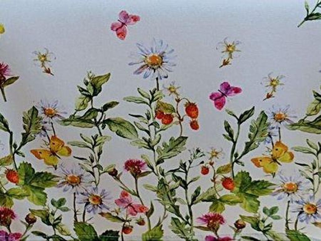 Tischdecke 85 x 85 cm, Sommer, pflegeleicht, weiß, Sommerwiese, Erdbeeren, bunte Gartendecke