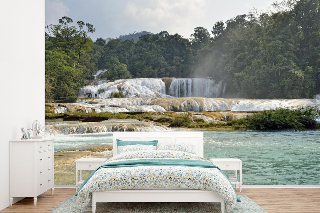 MuchoWow Fototapete für Wohnzimmer oder Schlafzimmer Wandtapete Vinyl Motivtapete Vorderseite des Wasserfalls Palenque Mexiko - 420x280 cm - Zim...