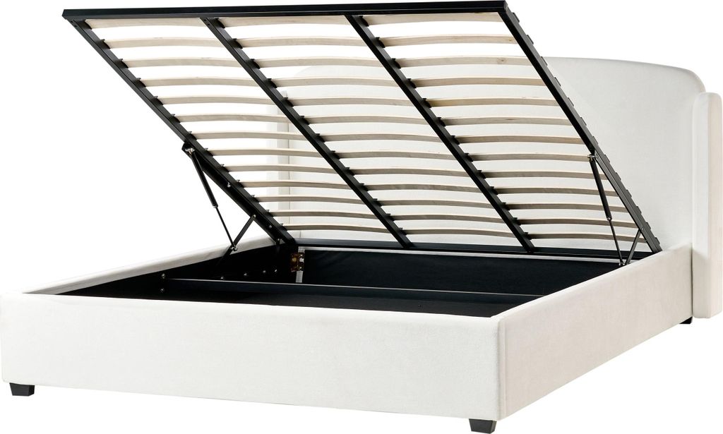 BELIANI Bett Cremeweiß Stoff Gepolstert mit Stauraum Lattenrost 180 x 200 cm Hohes Ohren Kopfteil Modernes Schlafzimmer Doppelbett Polsterbett