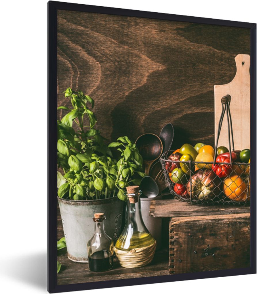 MuchoWow Gerahmtes Poster Gemüse - Kräuter - Rustikal - Stilleben - Basilikum 60x80 cm - Poster mit Schwarzem Bilderrahmen Wandposter Rahmen Fo...