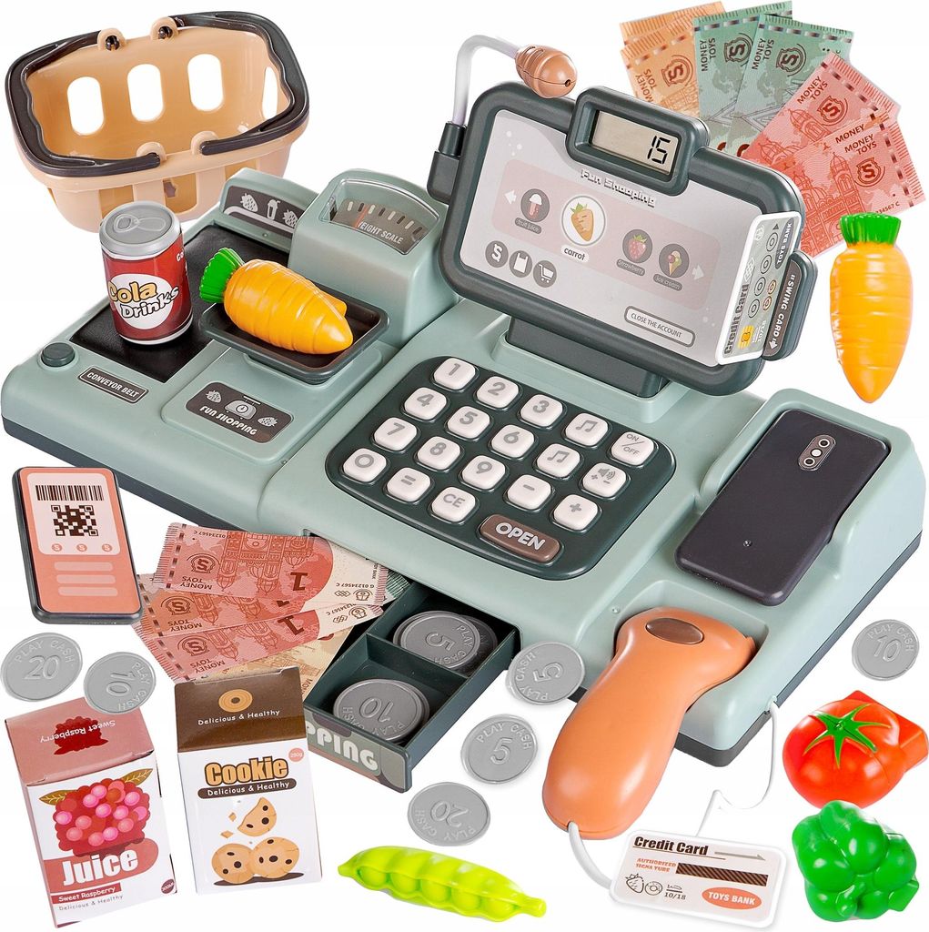 A toy cash register with various accessories, including toy food, money, and a scanner.