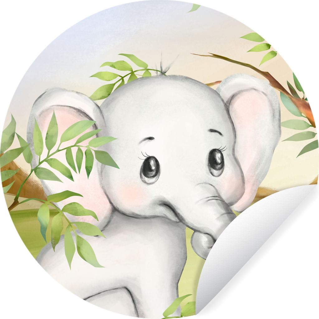 MuchoWow Runde Wandtattoo - Wandsticker Tapete Aufkleber Elefant - Dschungel - Blätter Ø 30 cm Selbstklebend und Repositionierbar - Wandaufkleb...