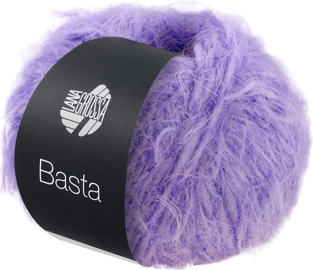 A ball of fluffy purple yarn with a black label.