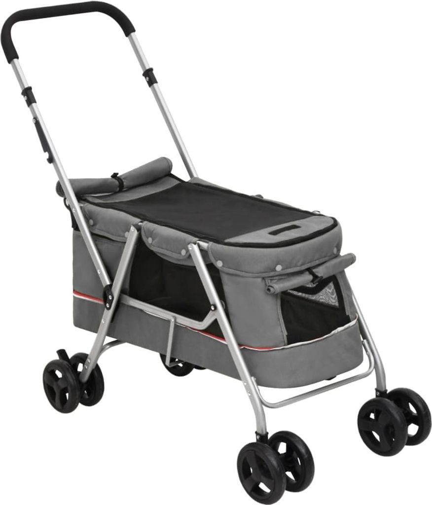 A gray pet stroller is shown against a white background.