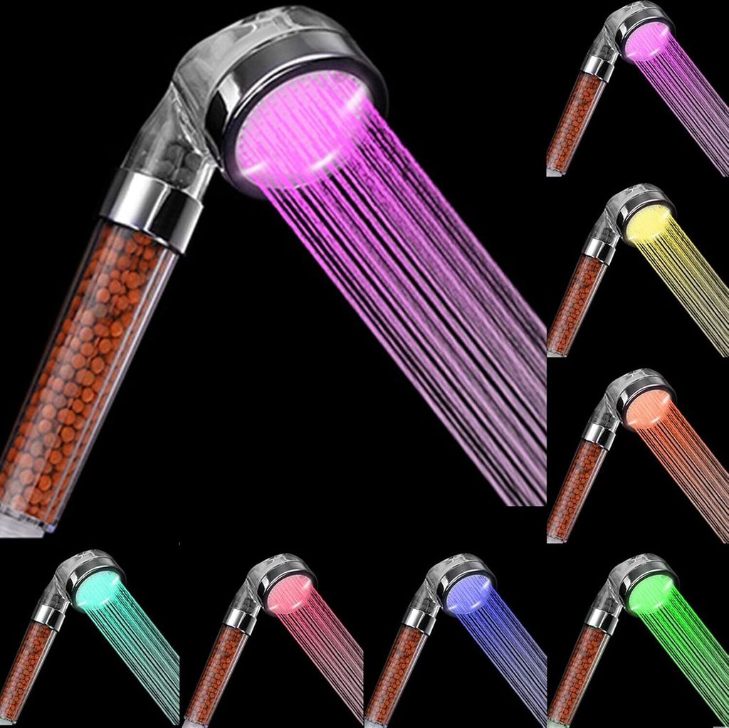 A collage of LED shower heads with different colored water streams against a black background.