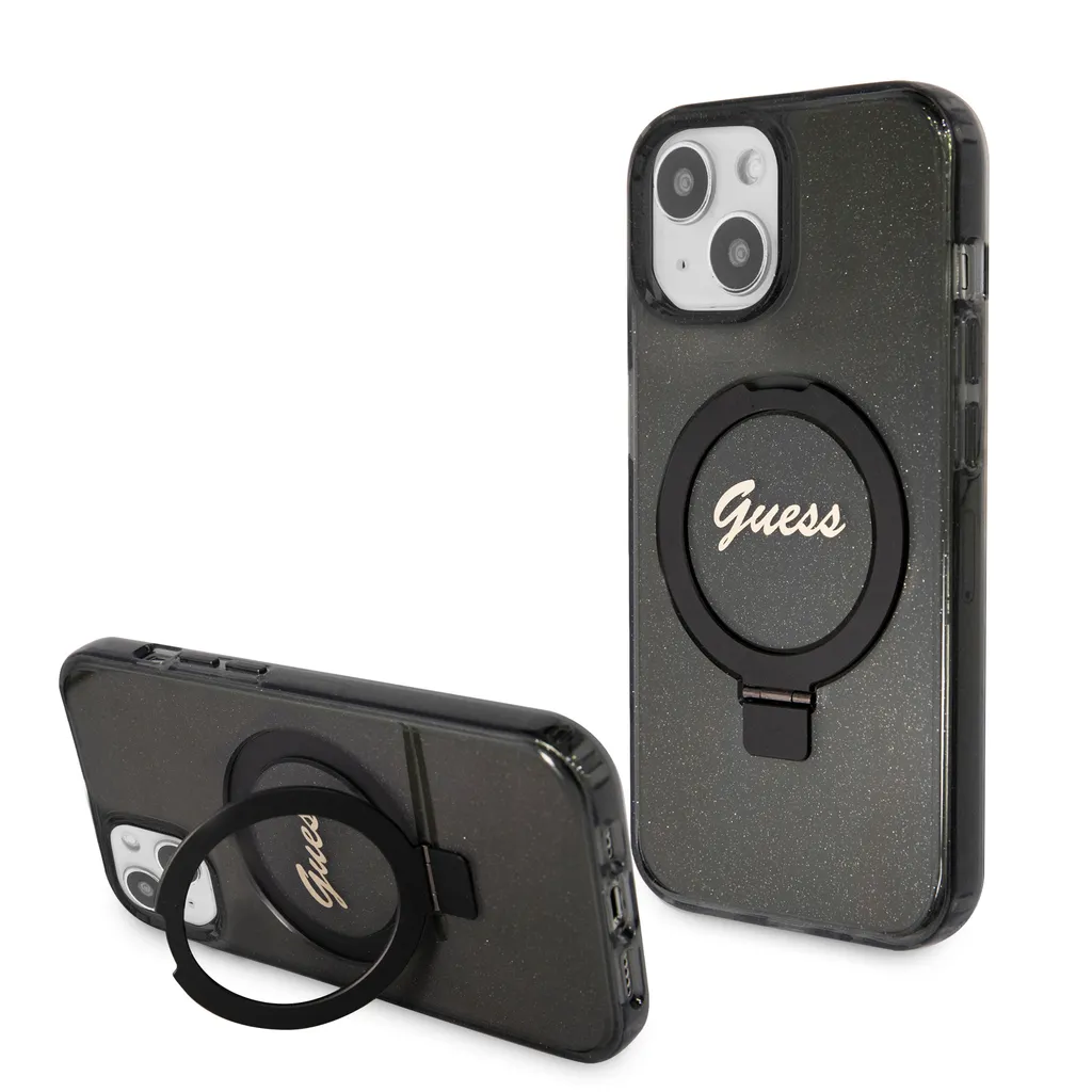 Custodia Guess iPhone 15/14/13 MagSafe Glitter Black Ring Stand