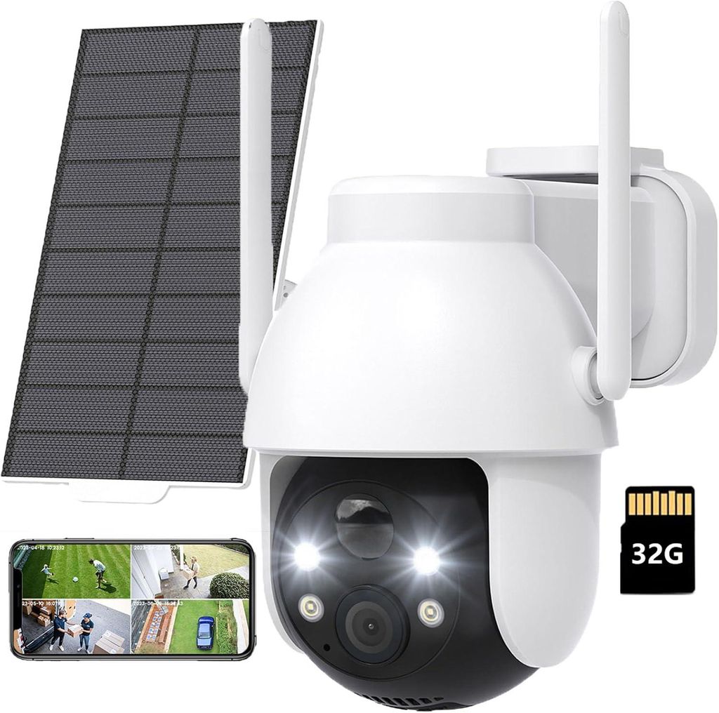 2K 3MP Überwachungskamera Aussen Solar 360° PTZ Überwachungskamera Aussen Akku WLAN Kamera mit PIR Bewegungsmelder Farb-Nachtsicht mit 32G