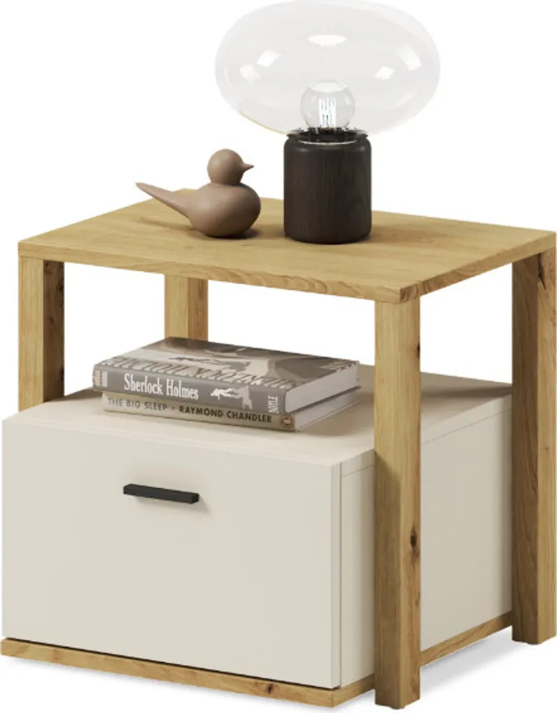 Gagnez de la place avec cette table de chevet beige à tiroir pratique