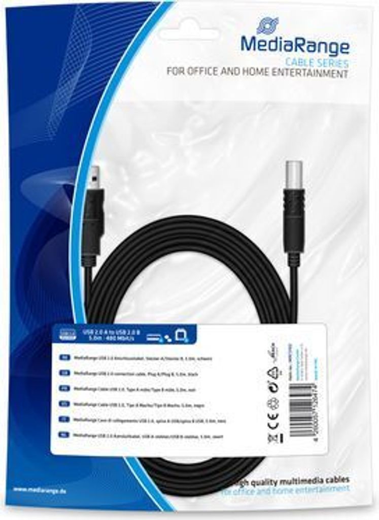 MediaRange USB Kabel A -> B St/St 5.00m sw Blister Immagine del prodotto 