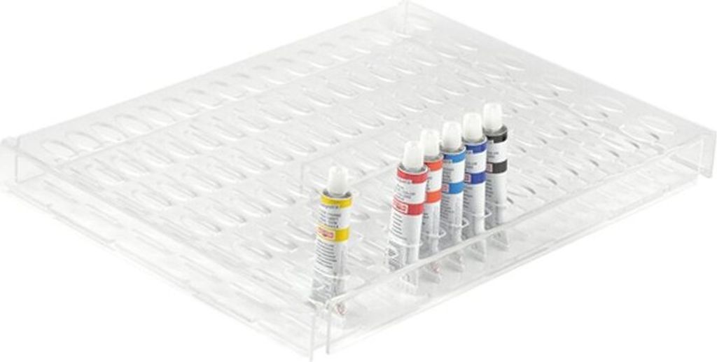 Aufsteller / Acryl- Display leer mit 102 Fächern , für Farbtuben- 16 ml