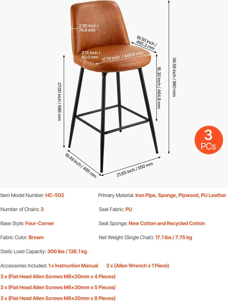 Tabourets de bar avec dossier - Cuir Polyuréthane marron - Set de 3 - Métal - 7
