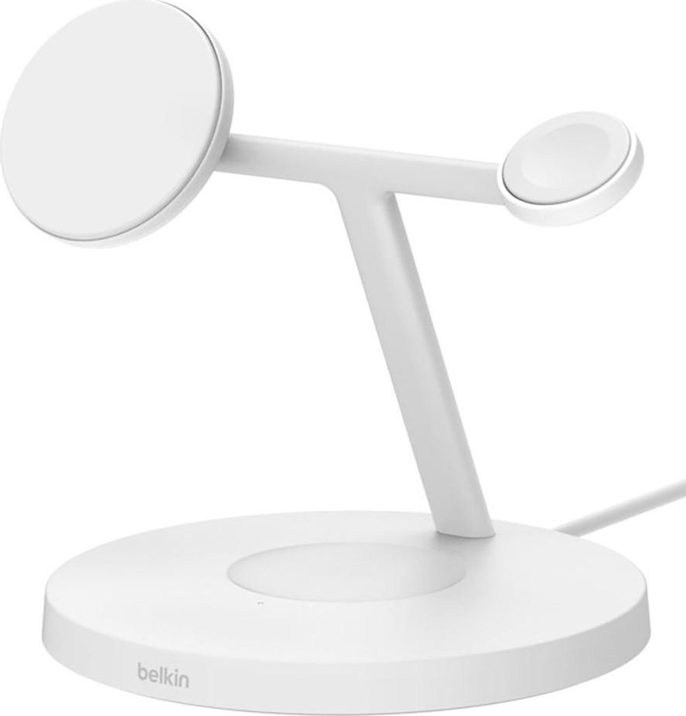 A white Belkin wireless charging stand for headphones, smartphones, and smartwatches is shown against a white background.