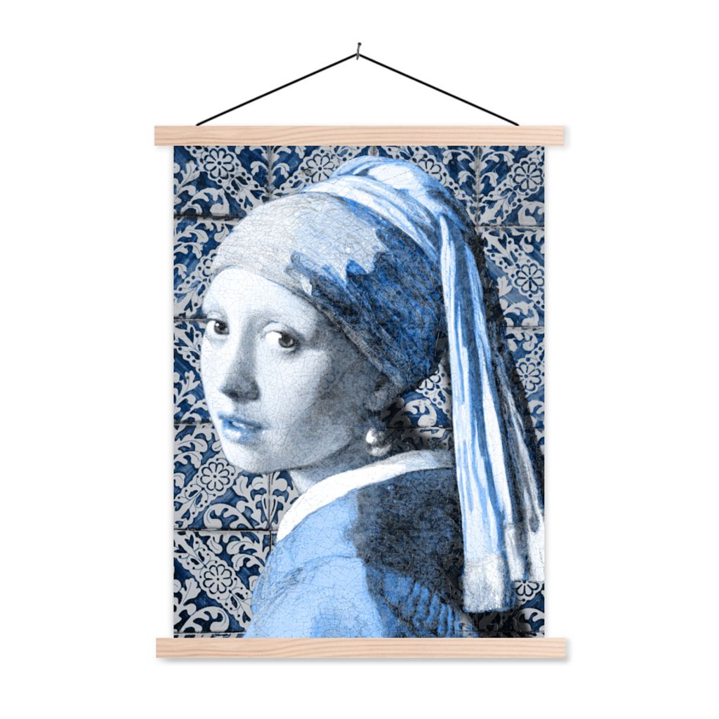 MuchoWow Textilposter Mädchen mit einem Perlenohrring - Delfter Blau - Alte Meister 60x80 cm mit holzfarbenen Rahmen - Wandbild