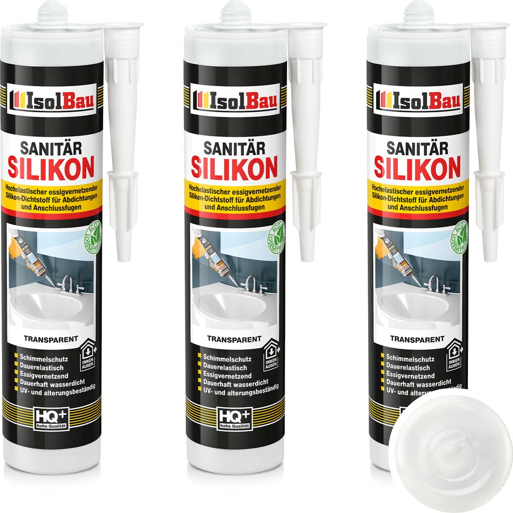 Isolbau Sanitär Silikon 3 x 300 ml Transparent - Hochelastischer Silikon-Dichtstoff für Abdichtungen & Fugen – Schimmelresistent, wasserdicht -...