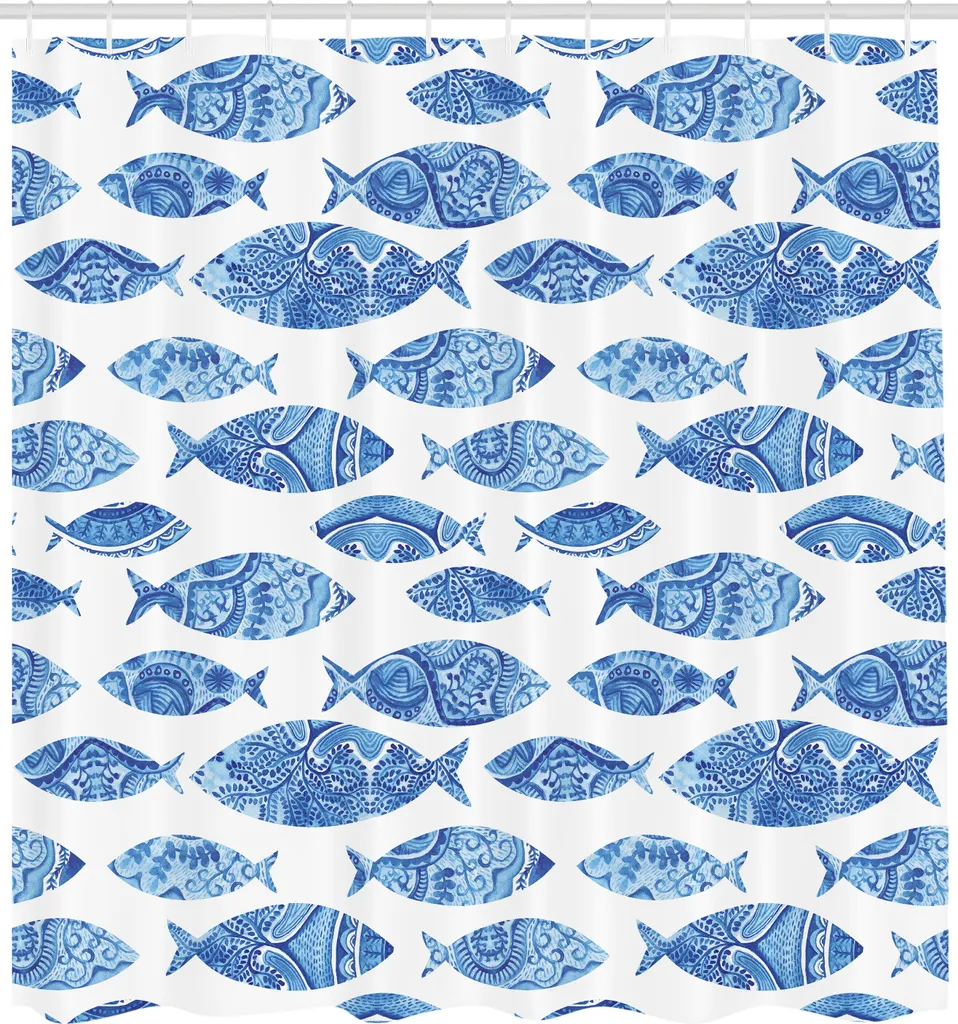 Tenda Bagno Tessuto Blu ABAKUHAUS 175x200 Mosaico e Pesci Marini