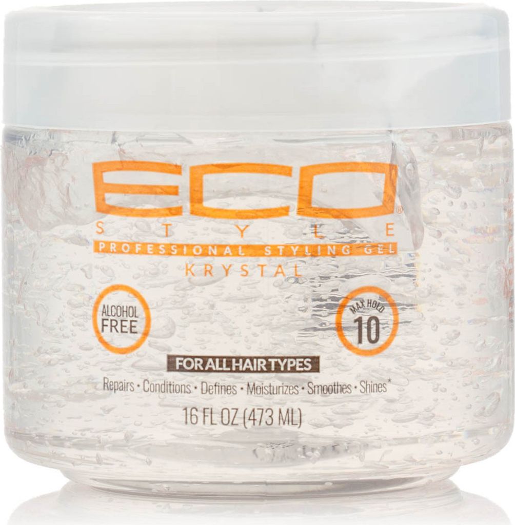 A clear, well-lit studio shot of a jar of Eco Styler Krystal Professional Styling Gel against a white background.