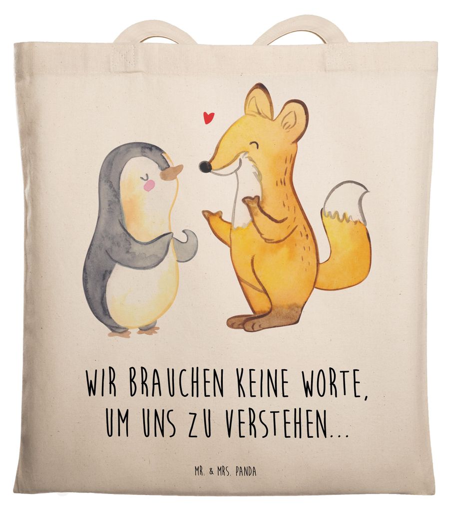 Mr. & Mrs. Panda Uni Tasche Fuchs & Pinguin gehörlos - Transparent - Geschenk, Laptoptasche, Büchertasche, Gebärdensprache, Tote Bag, Jutebeutel