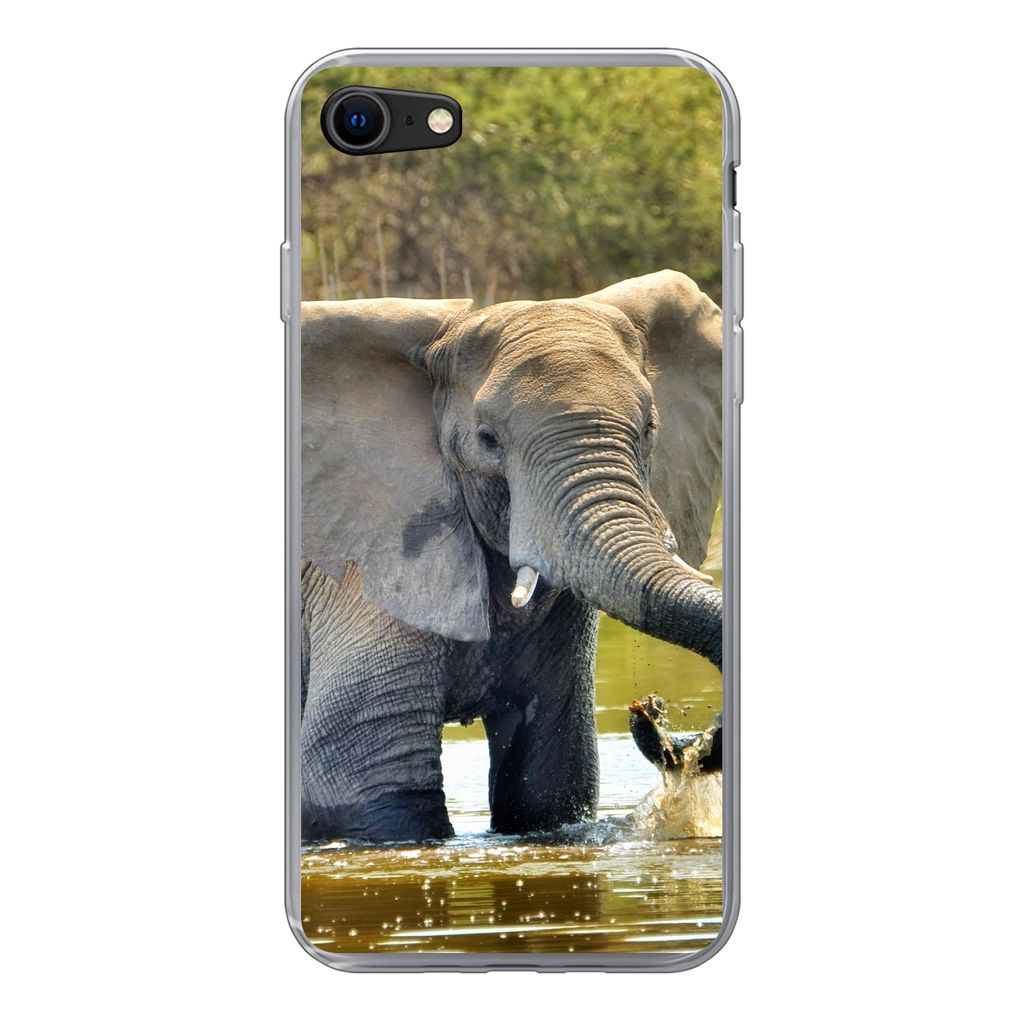 MuchoWow Handyhülle Schutzhülle Hülle für iPhone SE 2020 Elefant - Wasser - Tiere - Natur Silikon Softcase Handy Hülle - Kartenbesitzer