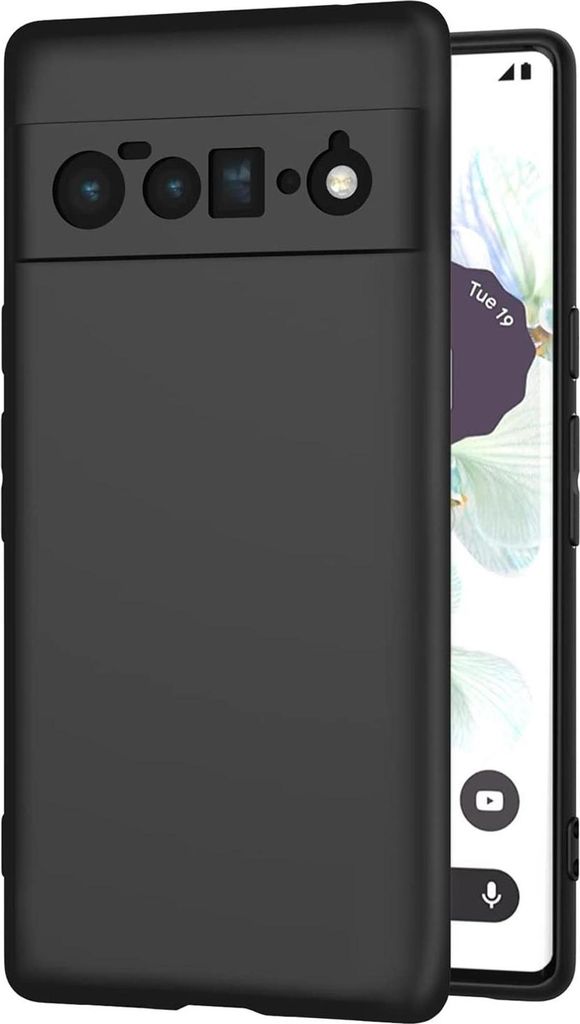 A black phone case is shown next to a smartphone.