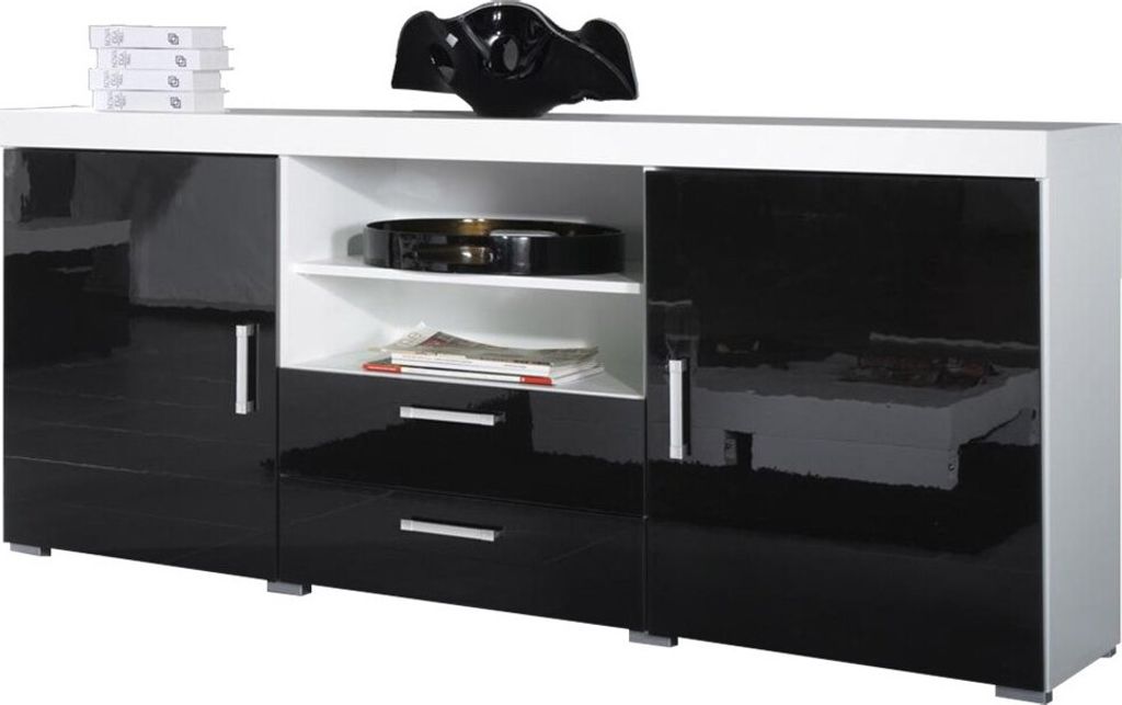 Furniture24 Kommode Sideboard Samba mit 2 Schubkästen 2 Türen Weiß/Schwarz Hochglanz
