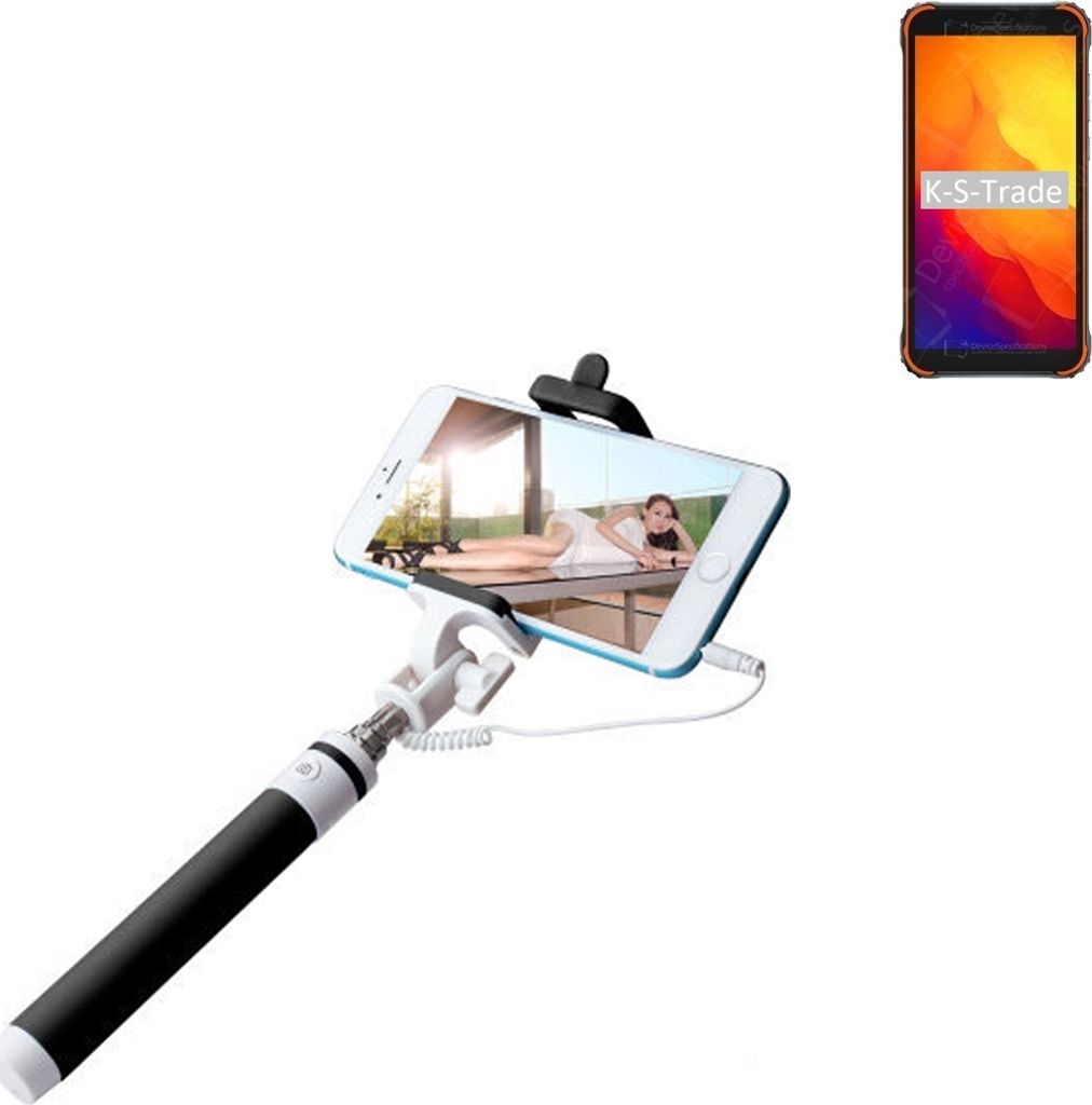 K-S-Trade Selfie Stick kompatibel mit Blackview BV4900S Selfiestick kabelgebunden Monopod mit Kabel Stab Stange Selfportrait Handheldstick schwarz 1x