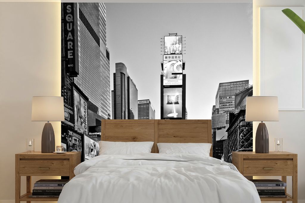 MuchoWow Fototapete für Wohnzimmer oder Schlafzimmer Wandtapete Vinyl Motivtapete Quadratischer schwarz-weißer Times Square mit Werbetafeln - 2...