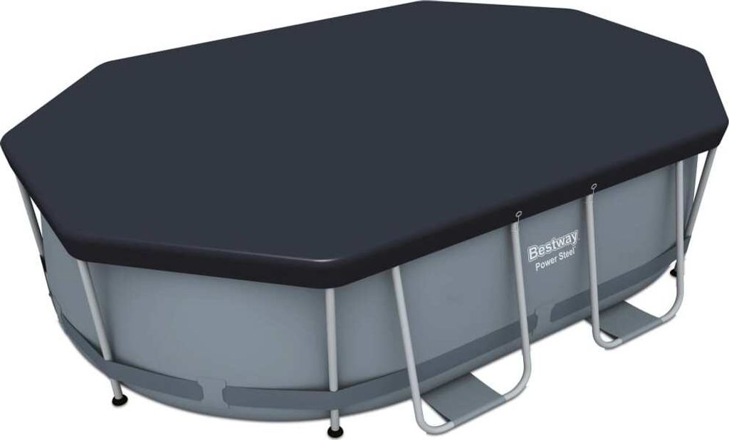 A Bestway pool cover is shown on a pool.