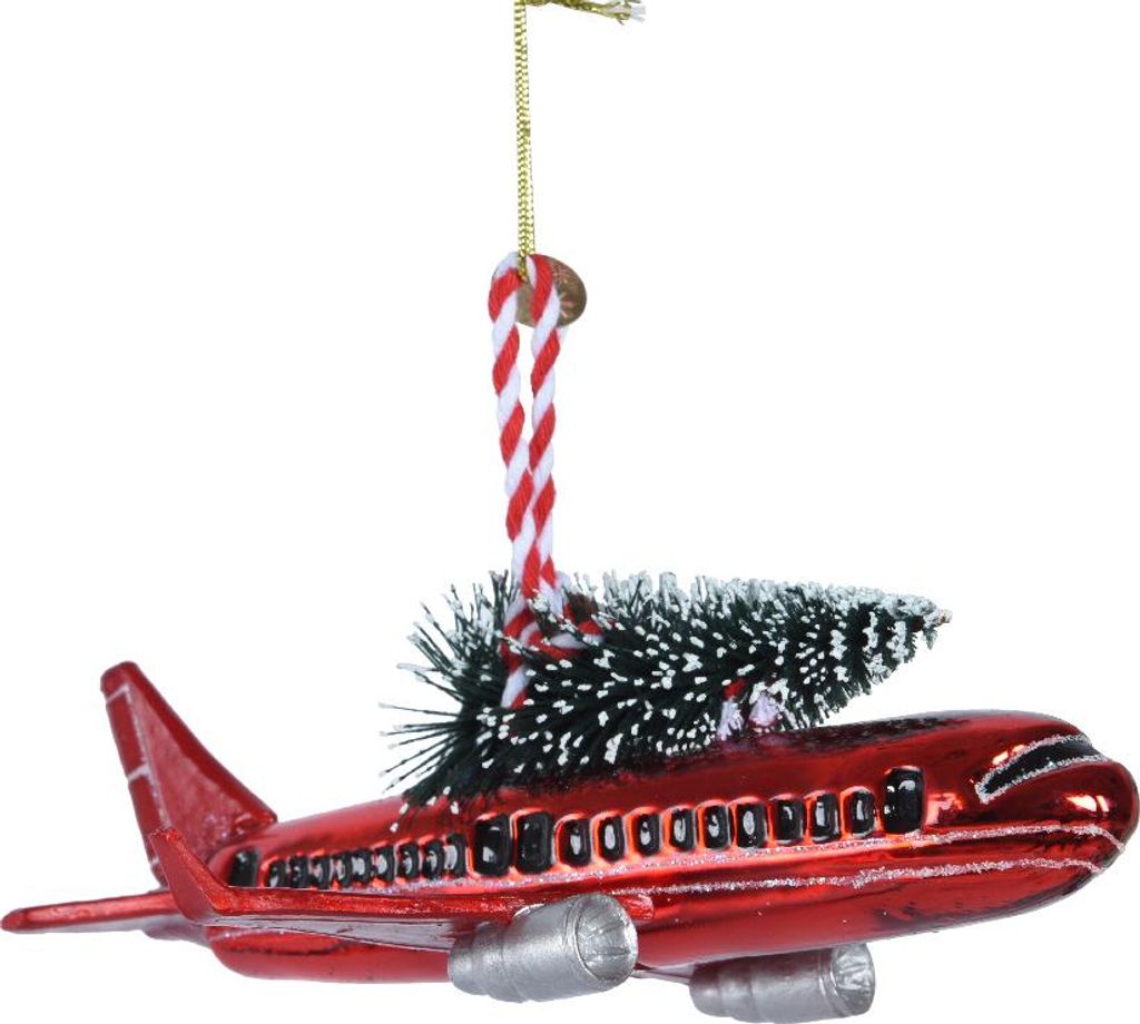 Christbaumschmuck Glas Flugzeug mit Tannenbaum 15cm - Rot Produktbild 