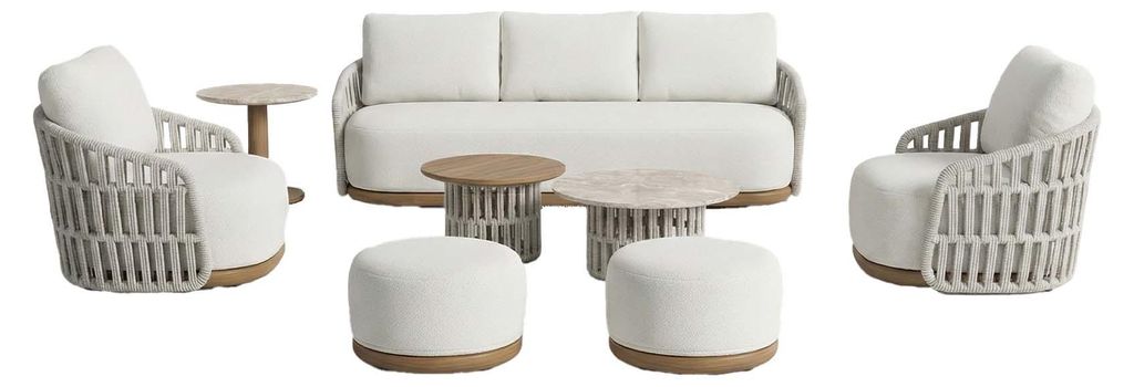Sessel-Sofa Loungeset Marbella | Wood | 8-Teilig | Natural Bouclé/Stone Cord | Aluminium und Rope