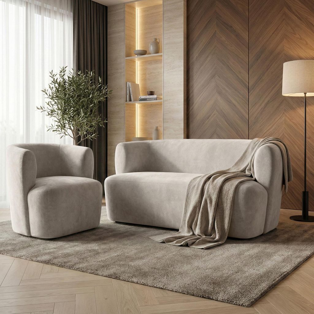 BEAUTYSOFA | Skandinavisches Sofa Set NORI – 2-Sitzer Sofa und Sessel | Modernes Polstermöbel Set in Beige