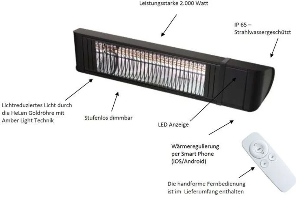 Chauffage Infrarouge Extérieur IP65 HeizMeister LuXus Noir pour Terrasse