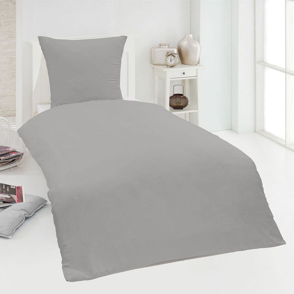 4 teilige Uni Bettwäsche 135 x 200 cm grau silber Einfarbig Produktbild 2