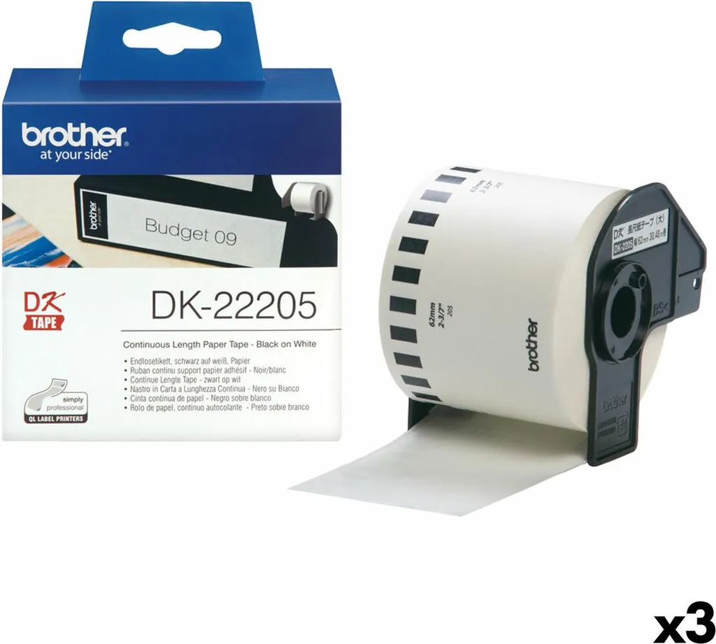 Lot 3 Rouleaux Papier Continu Brother DK-22205 62mmx30m Noir sur Blanc