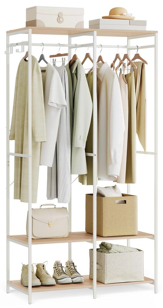 Offener Kleiderschrank - RGR004 Kleiderständer - Metallrahmen - Kleiderstange - Regale - Abnehmbare Haken - Freistehend - Naturbeige