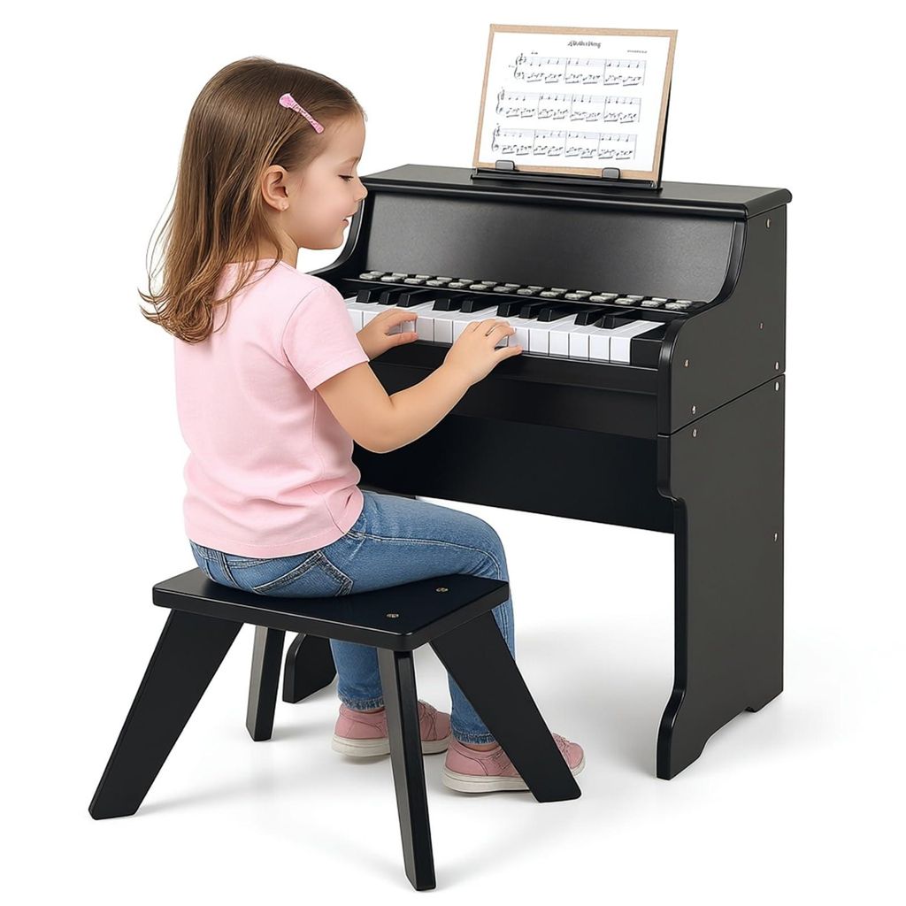 GOPLUS 25-Tasten Kinder Keyboard, elektronisches Kinderklavier mit Hocker, Leuchttasten-Piano, elektrisches Holzklavier mit Notenhalter, Lehrmodus