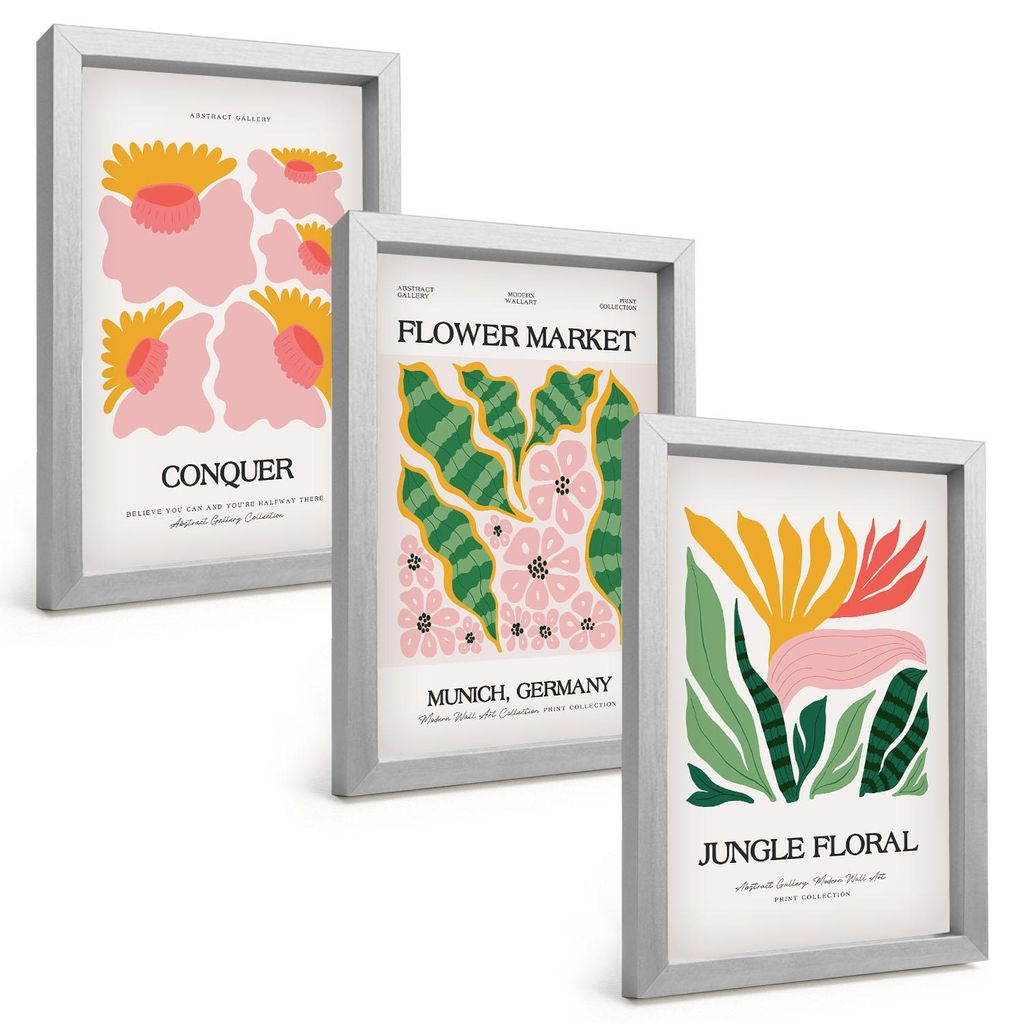 Bilder Set 3-teilig im silbergerahmten Rahmen – Wandbilder 3 Stück – gerahmte Poster für Wohnzimmer, Schlafzimmer und Flur – 20x30 cm – B...
