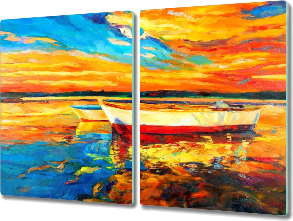 Coloray Hackbrett Kochplattenabdeckung Herdabdeckplatte 2x40x52 cm Schneidebrett Küchenbrett - Hafen Sonnenuntergang Himmel