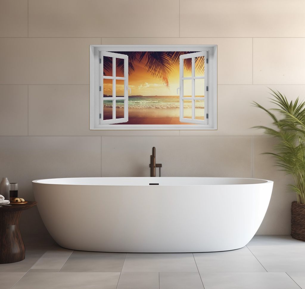 Wallario wasserfestes Poster selbstklebend 91,50 x 61 cm, Sonnenuntergang am Strand in der Karibik, Badezimmerposter Spritzschutz mit Hochglanzober...