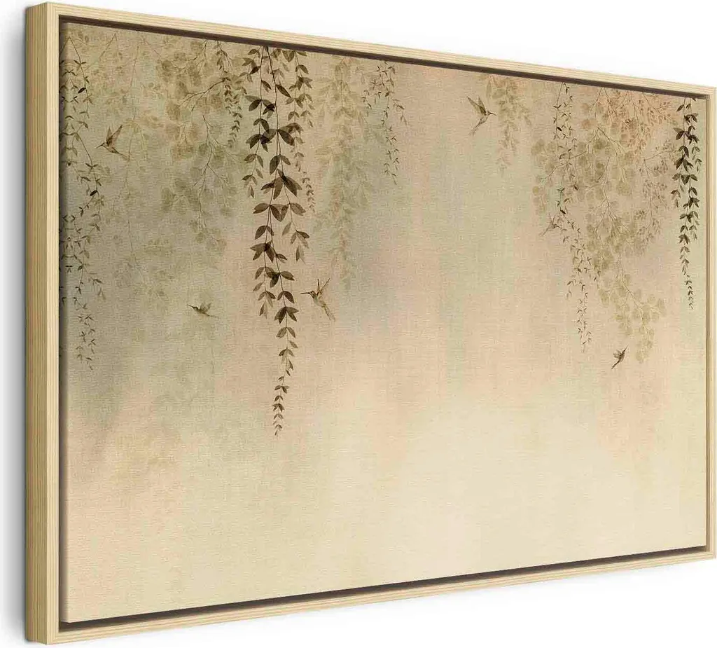 Quadro su tela - Frutteto di primavera - Colibrì tra i rami degli alberi in tonalità beige 60x40 cm per bambini e-C-10068-b-a