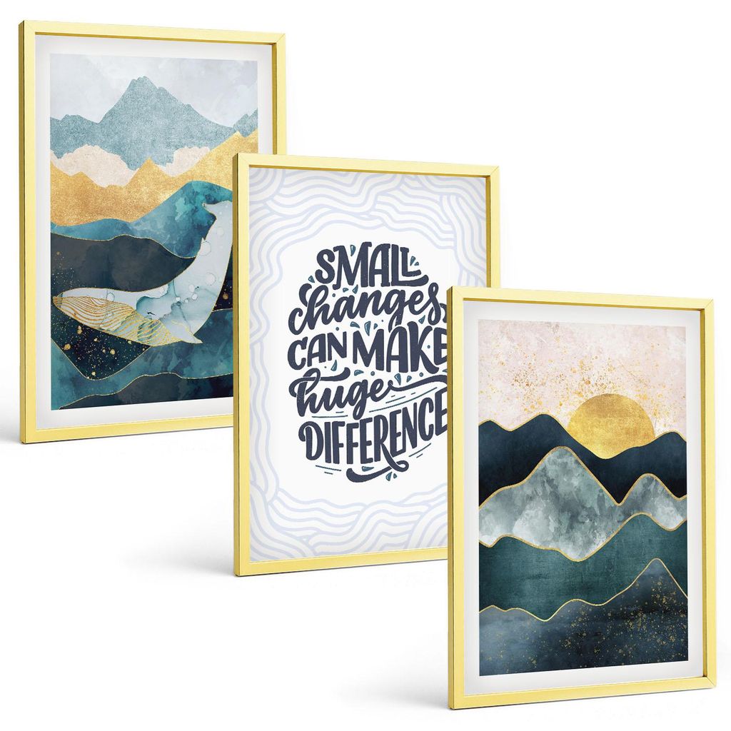 Bilder Set 3-teilig im Goldrahmen Rahmen – Wandbilder 3 Stück – gerahmte Poster für Wohnzimmer, Schlafzimmer und Flur – 40x60 cm – Abstra...