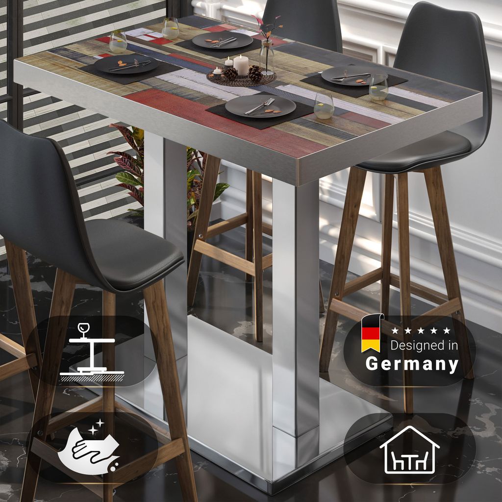 BM | Bistro Stehtisch | 110 x 60 x 110 cm | Rechteckig | Edelstahl Rand | Vintage Bunt / Edelstahl | Gastro Steh Tisch Restaurant