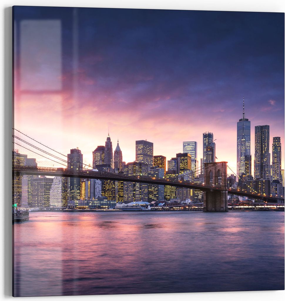 DEQORI Glasbild Echtglas 30x30 cm 'Brooklyn Bridge Abendröte' Wandbild Bild modern Deko