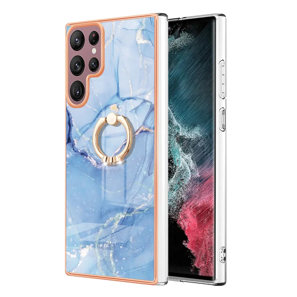 Custodia per Samsung Galaxy S22 Ultra 5G, custodia protettiva in silicone TPU bumper a fantasia con supporto ad anello blu - 7