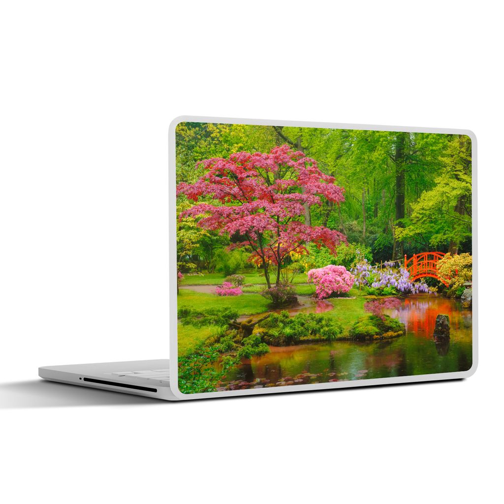 MuchoWow Laptop Aufkleber Sticker Cover Brücke - Japanisch - Botanisch - Bäume - Blumen 32.5x23.5 cm - Sticker für Laptop - Selbstklebend