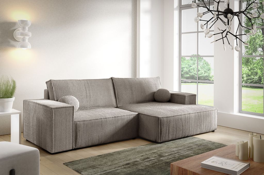 3 Sitzer Ecksofa in L-Form ANTONIO MINI NOVU, Ottomane rechts/links, Schlaffunktion & Bettkästen, Eckarniutur, Cordbezug in Dunkelbeige