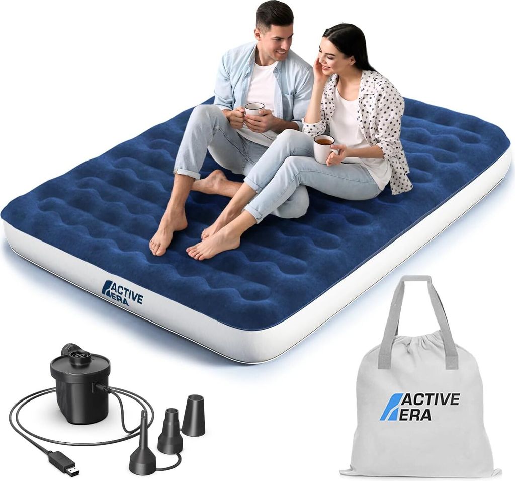 Luxus Camping Doppel Luftbett mit elektrischer Luftpumpe - Luftmatratze für 2 Personen mit tragbarer Akku Luftpumpe, USB Ladekabel und Tragetasche