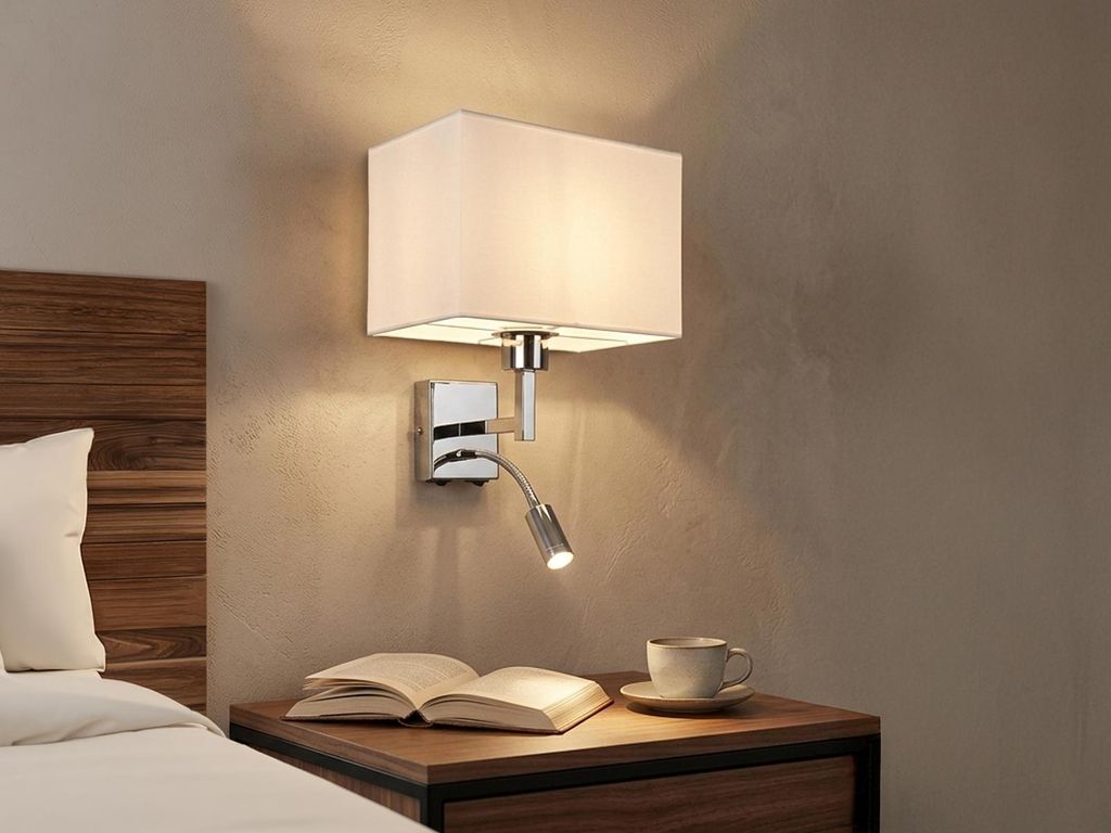 Wand-Leuchte Stoff Weiß mit LED Leselampe für Bett - Nachttischlampe & Bettlampe