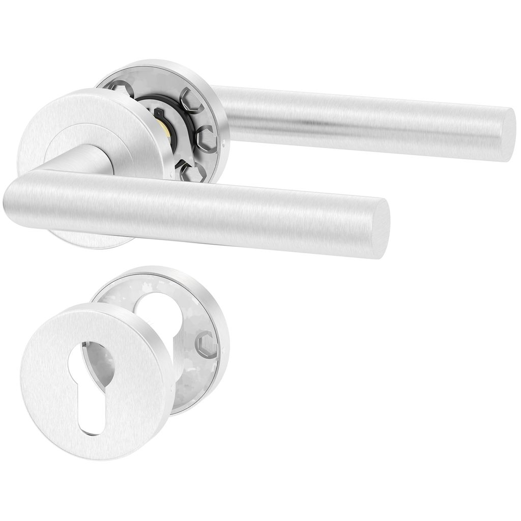 A set of brushed stainless steel door handles and a keyhole escutcheon on a white background.